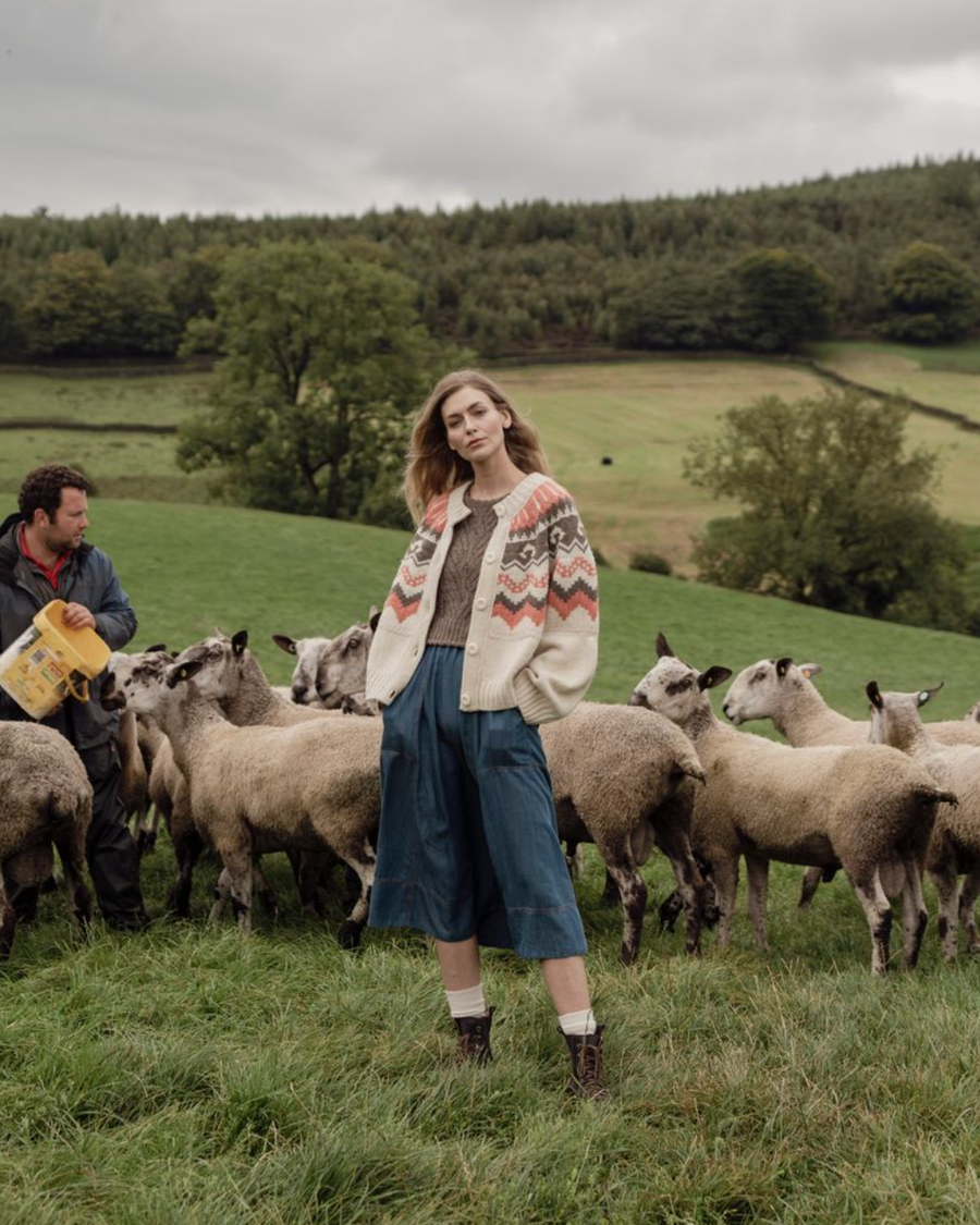 model wears wool jumper in sheep field